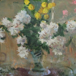 Natureza morta com flores Pintura a óleo antiga Arte soviética original Artista ucraniano Kudryavtsev L.K. 42-50 1970