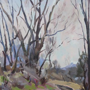 Impressionismo Paisagem florestal Cenário de bosque Pintura a óleo antiga Arte soviética original Artista ucraniano Sokolovsky G. 50-34 1970