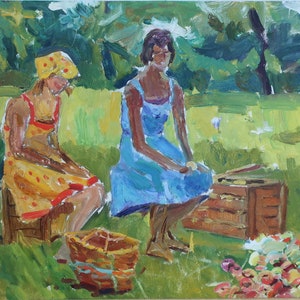 Colheita de campos de trigo fazenda coletiva de Antiguidades, pintura a óleo original realismo Socialista Soviético arte ucraniana artista