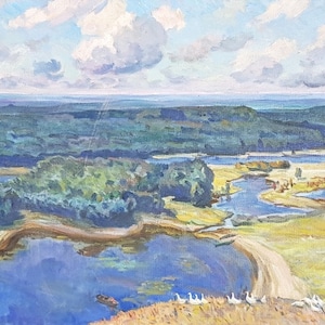 Impressionism River painting landscape Antique oil painting original oviet art Ukrainian artist Solodovnik S.M. 50-100 1980