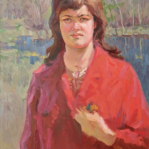 Retrato Mulher soviética Pintura a óleo antiga original Realismo socialista Artista ucraniano soviético Jablonovski P. 80-49 1970