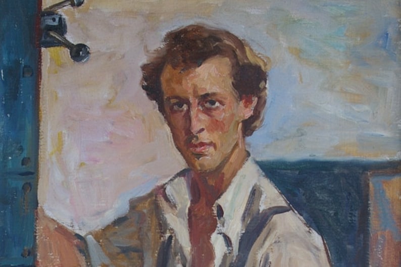 Portrait Soviet man Large male portrait Antique oil painting original Socialist realism Soviet art Ukrainian artist Logvinyuk A.S 80-50