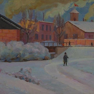 paisagem industrial construção de fábricas de Antiguidades, pintura a óleo original realismo Socialista Soviético arte ucraniana artista