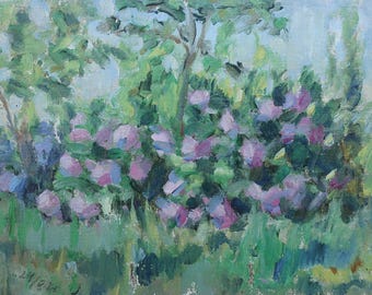 Impressionism Spring Lilac Bush Painting, Ukrainian Art, 1985