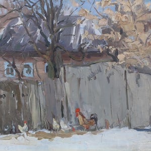 Paisagem rural Impressionismo Pintura a óleo antiga Arte soviética original Artista ucraniano Sokolovsky G.G. 35-50 1981