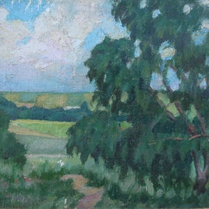 Pintura de paisagem Impressionismo Paisagem de primavera Pintura a óleo antiga Arte soviética original Artista ucraniano Sokolovsky G.S.