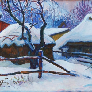 Inverno pintura de paisagem Rural Impressionismo Antiga da pintura a óleo originais de arte Soviética ucraniana artista 43-60