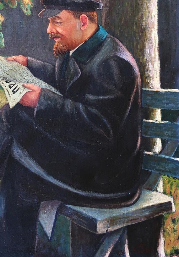 Vladimir Lenin Large Male Portrait Antique Oil Painting Original