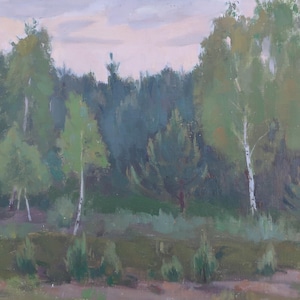 Impressionismo Paisagem florestal Cenário de bosque Pintura a óleo antiga Arte soviética original Artista ucraniano Sokolovsky G. 35-50 1970