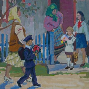 Soviética primeira chamada durante a semana de férias de Antiguidades, pintura a óleo original realismo Socialista Soviético arte ucraniana