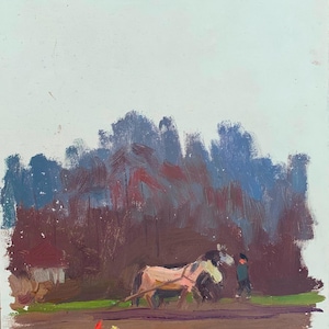 Pintura antigua de paisaje rural, original de arte soviético, del artista ucraniano Sokolovsky G.34-23, década de 1970