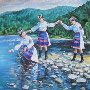 collective farm kolkhoz young beautiful girl Ukrainian national costume Antique oil painting original Ukrainian artist 60-78 1970 (Igor)
