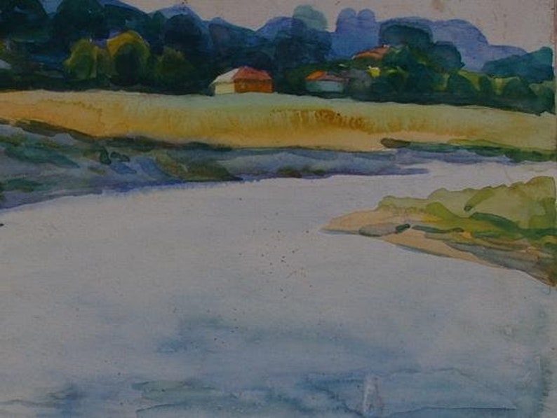 Landscape painting Impressionism River painting landscape Antique oil painting original Soviet art Ukrainian artist 36-48