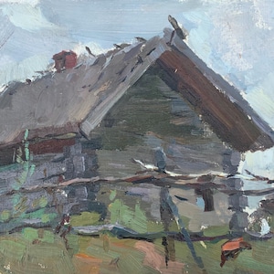 Paisagem rural Impressionismo Pintura a óleo antiga Arte soviética original Artista ucraniano Sokolovsky G. 21-26 Anos 70