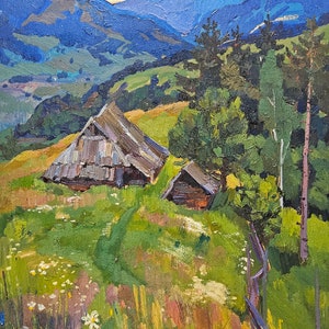 Paisagem da montanha Pintura a óleo antiga Arte soviética original Artista ucraniano Bondarenko S.V. 53-45 1960