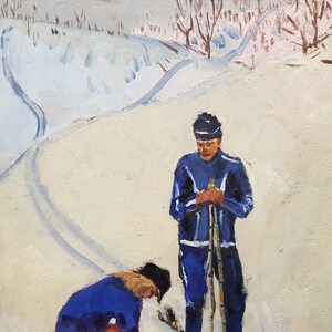 Soviética esportes de esqui de Antiguidades, pintura a óleo original realismo Socialista Soviético arte ucraniana artista Kuzmenkov L. I.