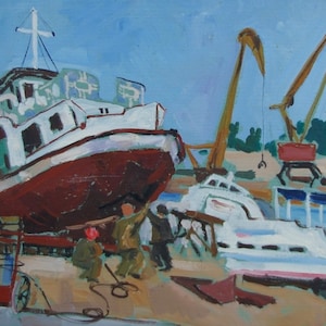 Trabalhadores na portriver porta industrial de Antiguidades, pintura a óleo original realismo Socialista Soviético arte ucraniana artista