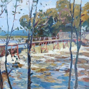 Rio de pintura de paisagem Antiga da pintura a óleo original realismo Socialista Soviético arte ucraniana artista de Platina 50-60 1977