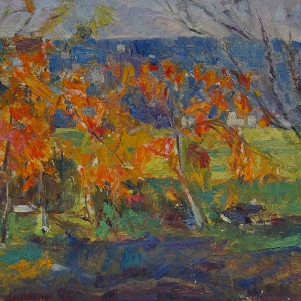 Landscape painting Impressionism Autumn landscape Antique oil painting original Soviet art Ukrainian artist 29-50 1970s