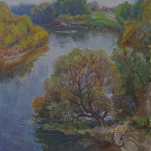La pintura de paisaje del Impresionismo del Río de la pintura de paisaje de Antigüedades de la pintura al óleo original de arte Soviética de