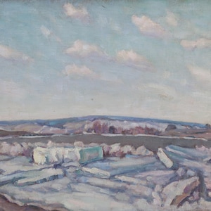 Pintura de paisagem Impressionismo Paisagem de Inverno Pintura a óleo antiga Arte soviética original Artista ucraniano Sokolovsky G. 34-46