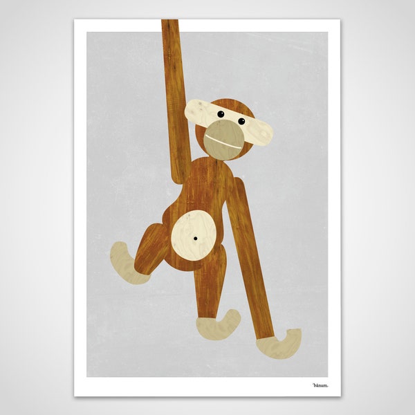 banum Affe — Poster Holzaffe, Kunstdrucke Design Affe, Geschenk Büro, Tierposter Kinder, Poster Kinderzimmer, Bild Hängeaffe, Äffchen Bild