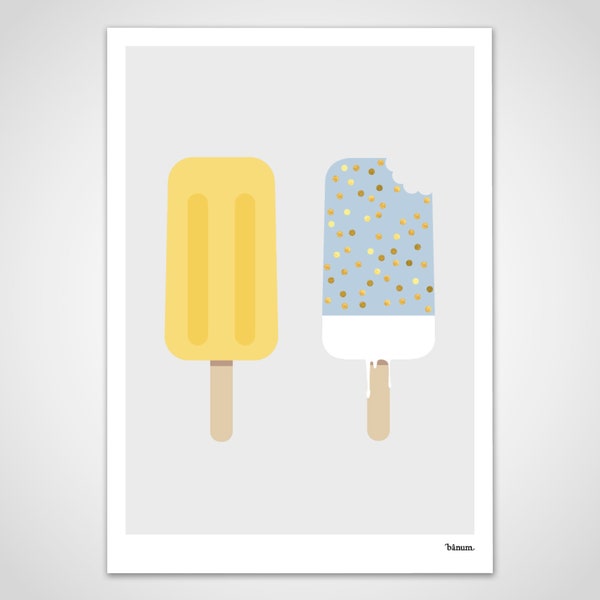 banum Eis am Stil Gelb — Poster Eiscreme, Kunst Kinderzimmer, Kunstdrucke Sommerzeit, Poster Eis am Stil, Poster Sonne Sommer, Bild Urlaub