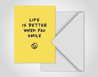 banum postcard Life is better when you smile — greeting card postcard smiley, postcard smile, greeting card A6 envelope, postcard sayings yellow