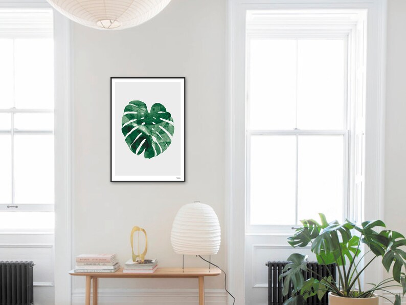 banum Monstera N1 Poster Monstera, art print green plant, picture nature, poster watercolor Monstera, living room decoration leaf, picture botany green image 4