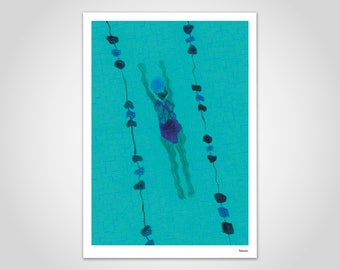 May include: Art print of a swimmer in a pool, viewed from above. The swimmer is wearing a purple swimsuit and a blue swim cap. The water is a textured teal color, with black and blue lane markers.