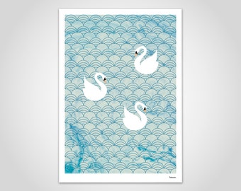 Banum Swans - poster cigno bianco, poster onde marittime, stampa d'arte Mar Baltico Mare del Nord, poster lago mare fiume, poster matrimonio, poster Giappone