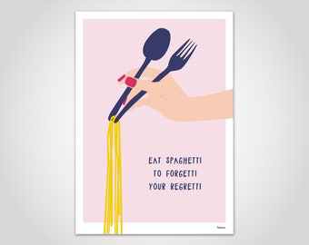 banum spaghetti - poster di spaghetti di pasta, cucina stampata d'arte, poster divertente che dice, poster divertente sala da pranzo, poster Italia, poster mani donna