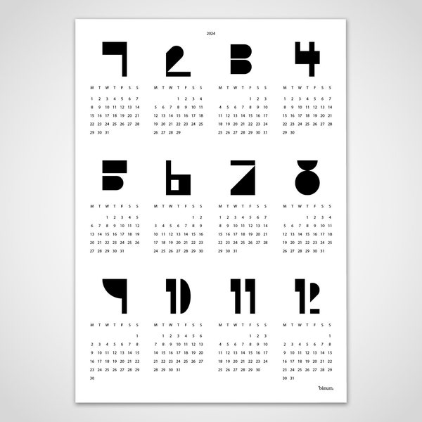 banum Type White — calendar 2024, calendar planner, poster calendar black and white, calendar poster, wall calendar 2024, annual calendar annual planner