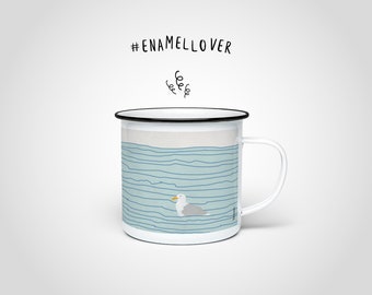 Seagull N1 enamel mug — enamel cup with black rim, stainless steel cup, enamel funny saying quote, coffee tea cup decoration, maritime sea