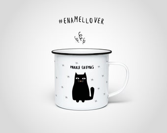 Catmas enamel mug — enamel cup with black rim, stainless steel cup, vintage mug, coffee cup, teacup decoration, Christmas gift