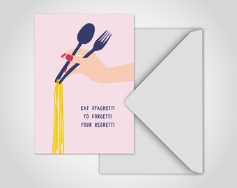 banum postcard spaghetti — funny postcard food, greeting card Italy pasta, postcard spaghetti pasta, postcard fork spoon, card hand