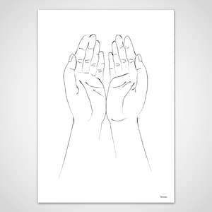 Puede incluir: Un dibujo minimalista de l&iacute;neas negras de dos manos abiertas, con las palmas hacia arriba. La obra de arte est&aacute; sobre un fondo blanco, con l&iacute;neas finas que definen los dedos y la forma de las manos. El estilo es simple y elegante.
