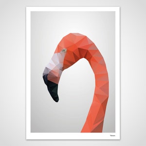 May include: A geometric art print featuring a flamingo's head and neck. The flamingo is rendered in a low-poly style, with shades of orange, pink, white, and black. The artwork is set against a light gray background.