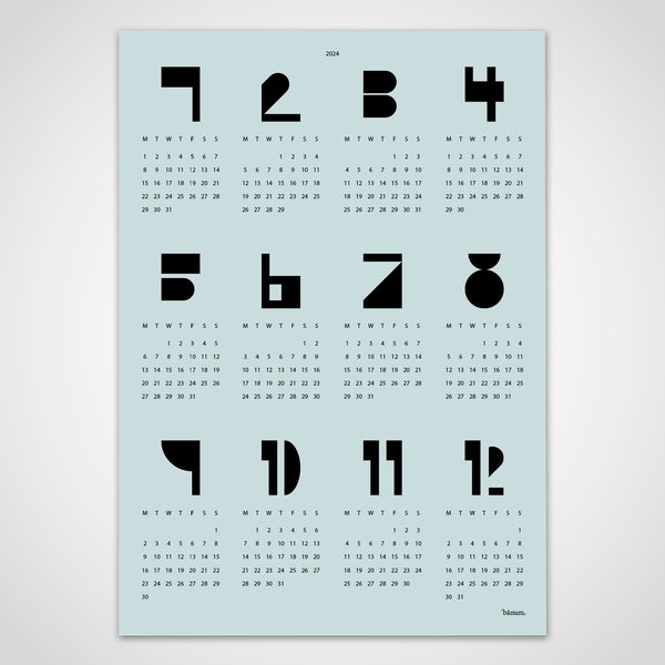 banum Type Mint — Kalender 2024, Kalenderplaner, Posterkalender schwarz weiß, Kalenderposter, Wandkalender 2024, Jahreskalender Jahresplaner