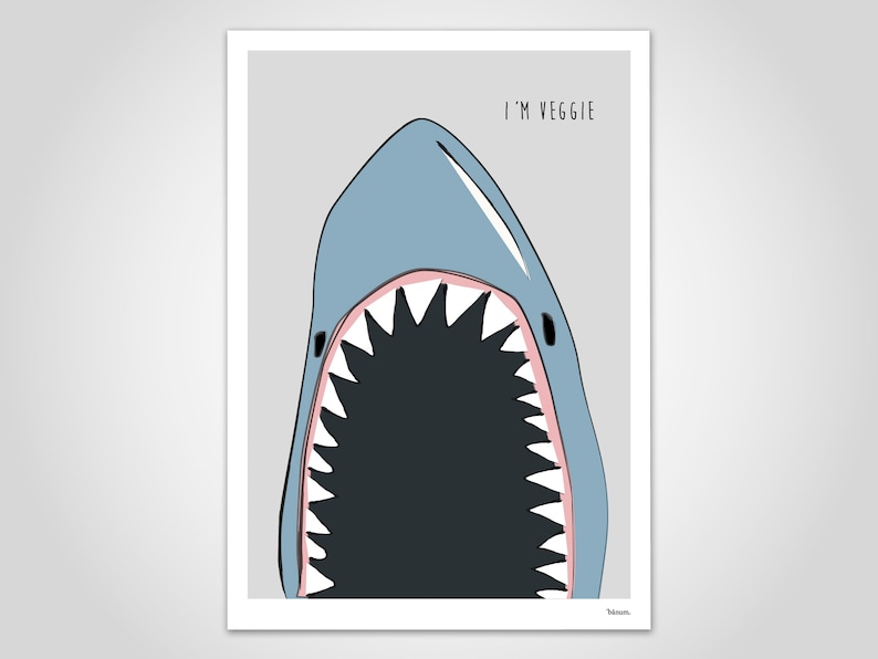 Banum Shark Poster, Art Print, Picture Illustration, Poster Veggie Vegetarian, Poster Kitchen, Poster Dining Room, Poster Maritime Ocean Sea image 1