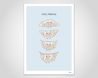 May include: A light blue rectangular art print featuring four beige dumplings arranged vertically. Each dumpling has a simple hand-drawn face with two black eyes and a small smile, along with two thin stick legs. The text "Lucky Dumplings" is printed in black above the dumplings.