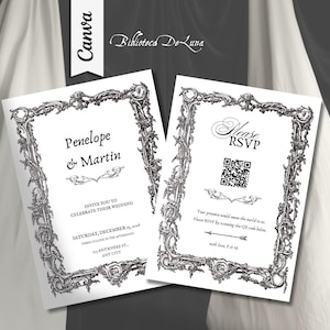 May include: Two white rectangular wedding invitation cards featuring an ornate black ink border with intricate scrollwork. The left card displays the names Penelope and Martin, while the right card includes a QR code and RSVP text.