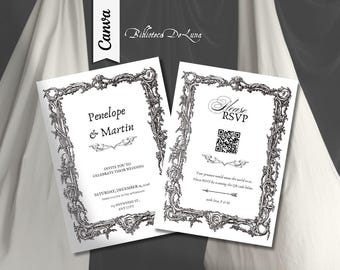 May include: Two white rectangular wedding invitation cards featuring an ornate black ink border with intricate scrollwork. The left card displays the names Penelope and Martin, while the right card includes a QR code and RSVP text.