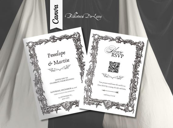 Gothic Romance Victorian Minimalist Wedding Invitation Template | White & Black, Dark Academia (Digital Download)