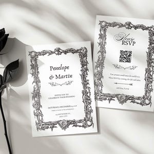 Halloween Gothic Romance Minimalist Wedding Invitation Template | White & Black, Dark Academia (Digital Download) image 4