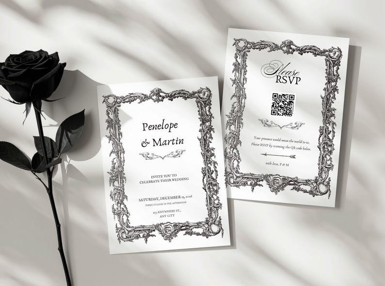 Halloween Gothic Romance Minimalist Wedding Invitation Template | White & Black, Dark Academia (Digital Download) image 4