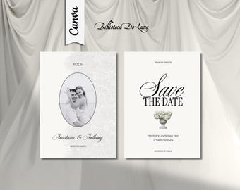 May include: Two white rectangular save the date cards. The left card features a black and white oval photo of a couple, the date 10.22.26, and the names Anastasia & Anthony. The right card displays the text Save THE DATE, a flower vase, and St Patricks Cathedral, NYC.