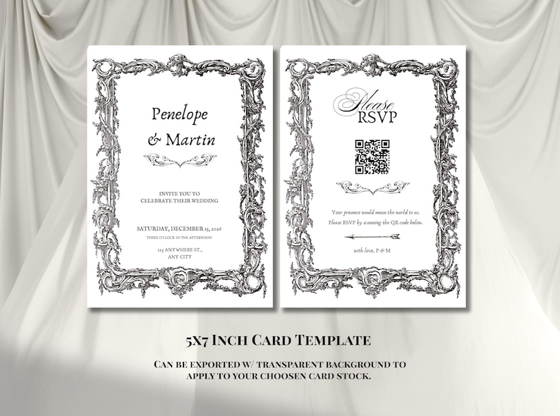 May include: Two 5x7 inch rectangular wedding invitation cards featuring a black and white ornate baroque-style frame. The left card displays the text Penelope & Martin invite you to celebrate their wedding. The right card includes RSVP text and a QR code.