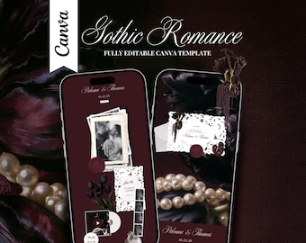 May include: Two smartphones displaying a digital invitation template titled Gothic Romance. The screens feature dark burgundy backgrounds, white lace-style borders, pearl strands, black floral accents, and text reading Paloma & Thomas 10.22.26.