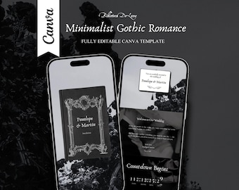 May include: Two smartphones displaying a digital wedding invitation template with the text Minimalist Gothic Romance, Biblioteca DeLuna, Fully Editable Canva Template, Penelope & Martin, Welcome to Our Wedding, and Countdown Begins.